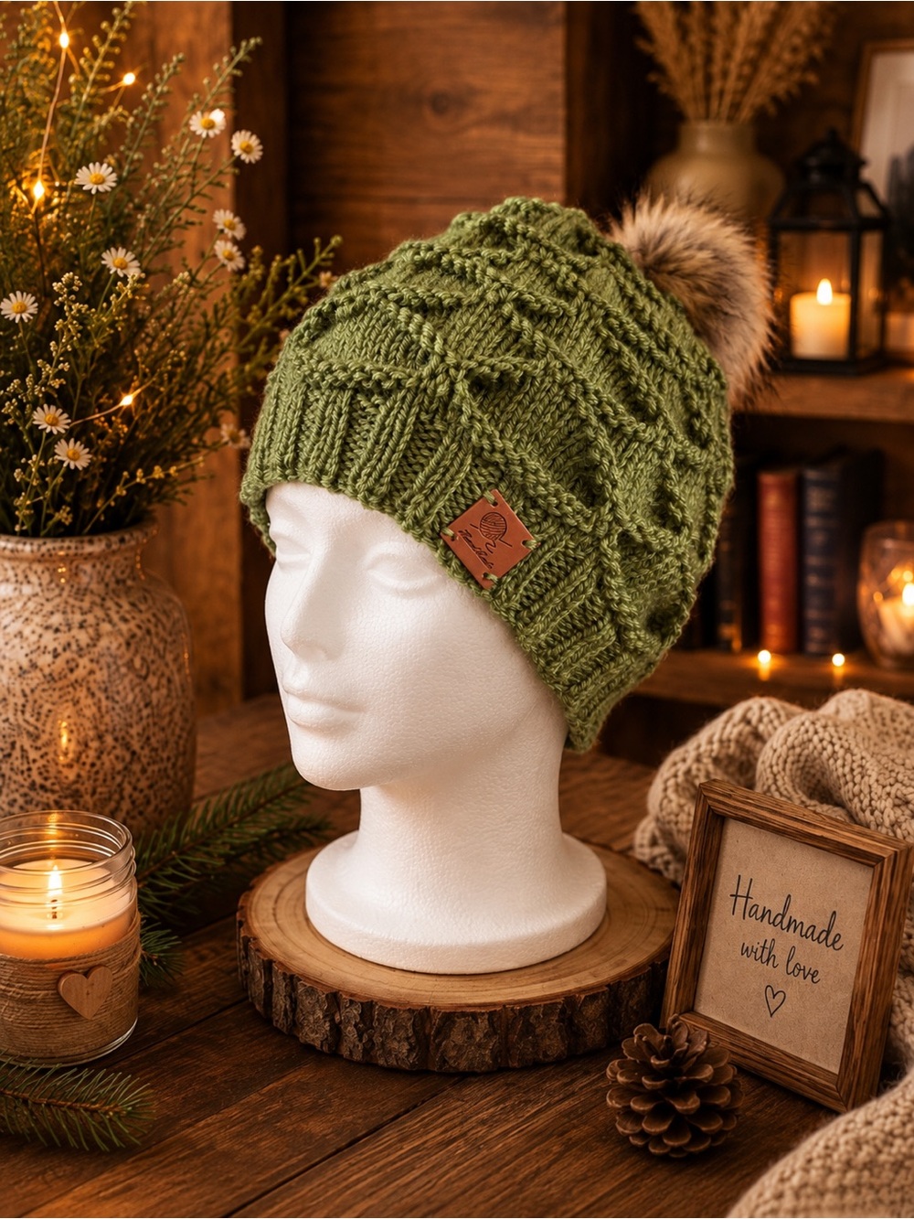 Handmade Olive Green Knit Beanie with Faux Fur Pom